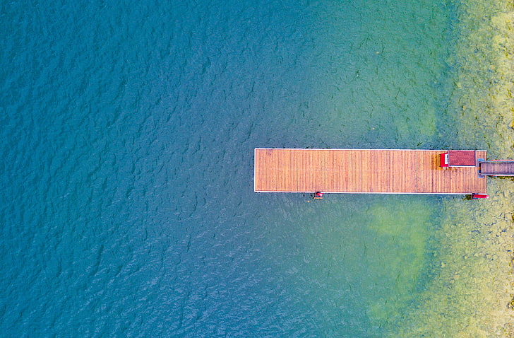brown wooden dockside and body of water, pier, blue, lake, drone photo, HD wallpaper