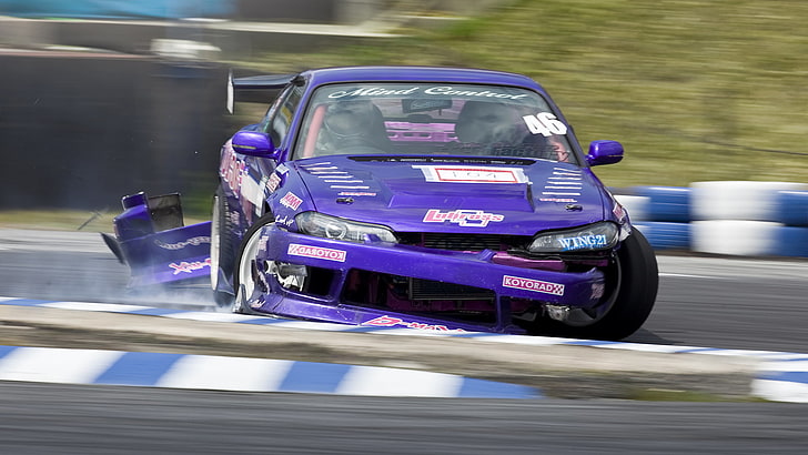 purple rally car, nissan, drift, silvia, s15, blurred motion HD wallpaper