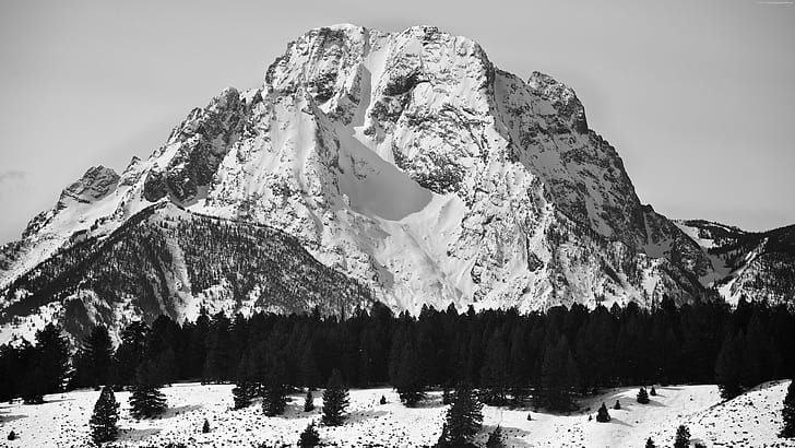 monochrome, nature, mountains, Wyoming, USA, Grand Teton National Park, HD wallpaper