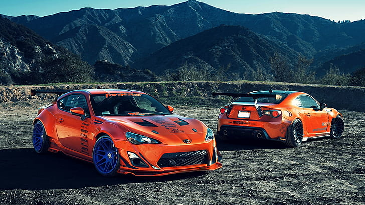 Toyota FR-S GT86 Scion HD, two orange coupes, cars, HD wallpaper