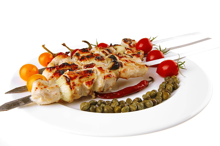 grilled chicken meat, kebab, dish, tomato, white background, food