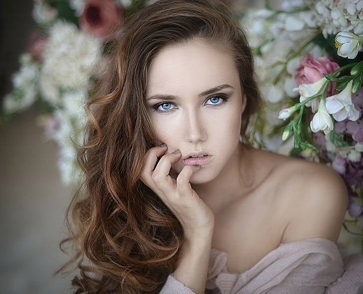 women, model, portrait, face, blue eyes, bare shoulders