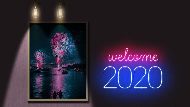 neon, fireworks, 2020, New Year, HD wallpaper