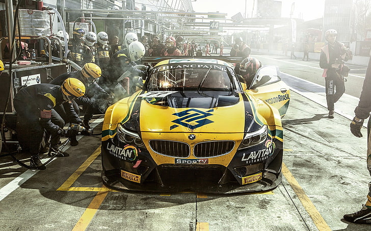 yellow and black vehicle, racing, Team Brazil, sports, BMW, car, HD wallpaper
