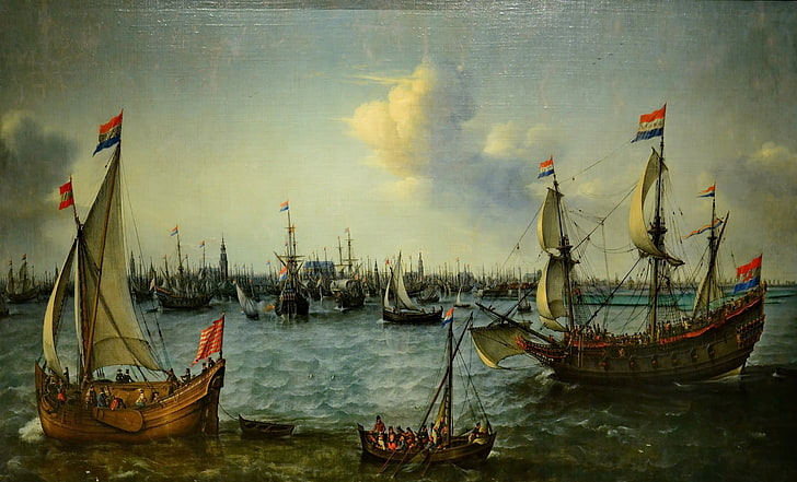painting, artwork, boat, ship, flag, nautical vessel, water