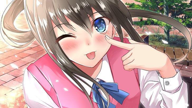 HD wallpaper: anime girl, wink, tongue, blue eyes, brown hair, cherry  blossom | Wallpaper Flare
