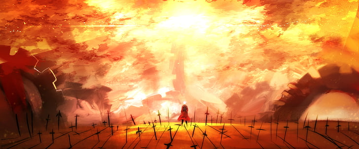 fate stay night, archer, swords, scenic, artwork, shadow, back view