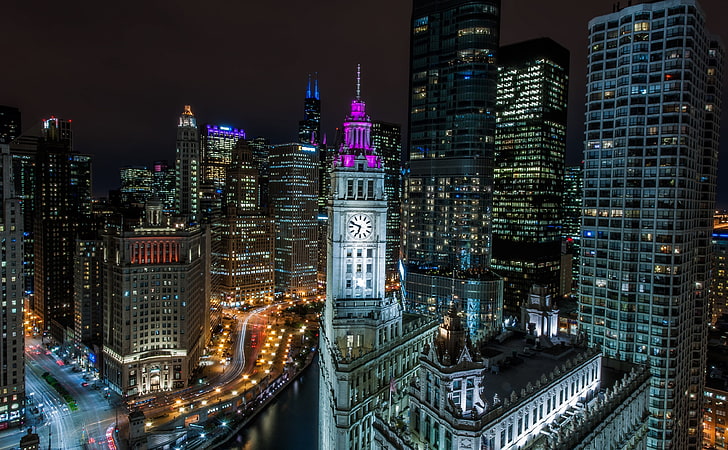 Chicago Buildings at Night, United States, Illinois, City, Travel