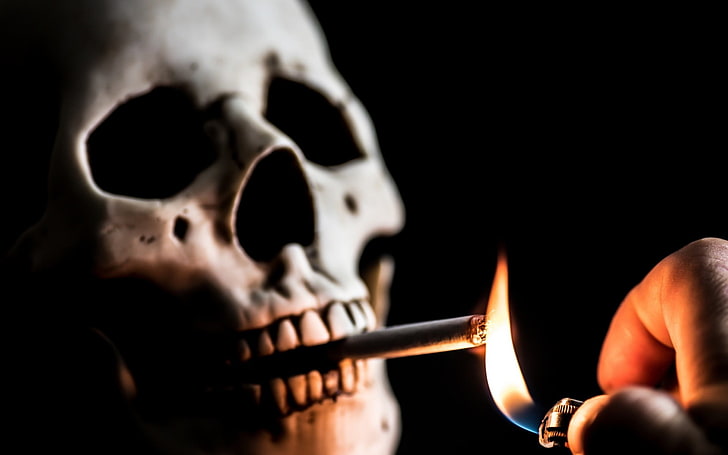 white skull, cigarettes, death, smoking, lighter, human body part