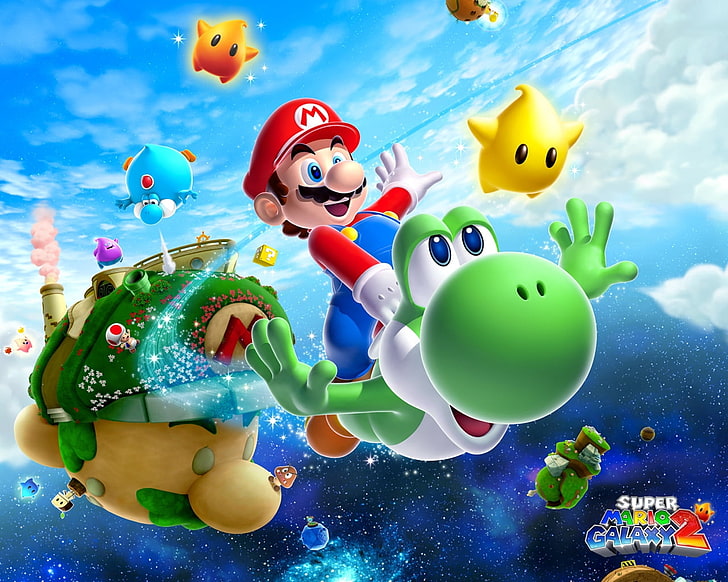Super Mario Galaxy 2 wallpaper, dinosaur, yoshi, stars, smiling