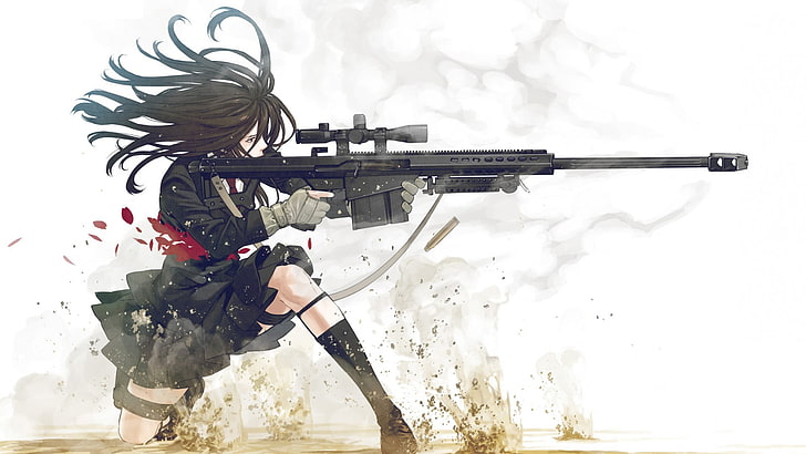 black-haired female anime character holding black assault rifle wallpaper, HD wallpaper