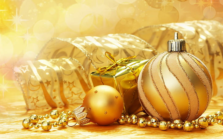 new year, christmas, spheres, gold, gifts, HD wallpaper