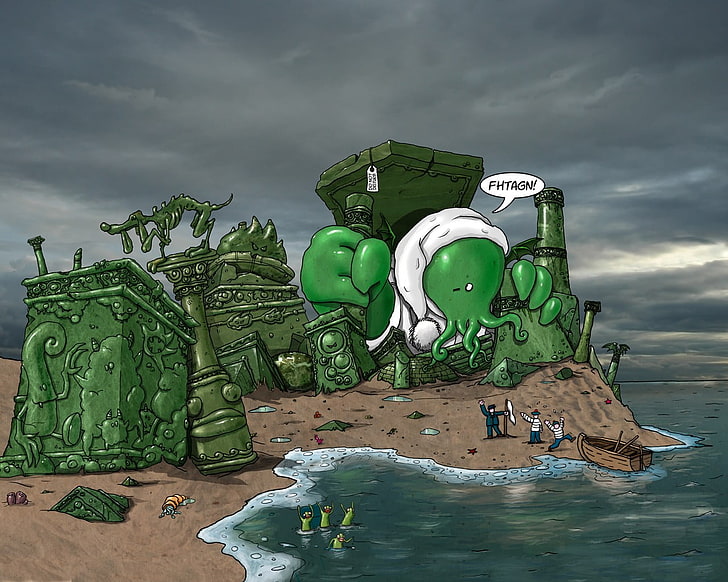 green monster facing people standing near boat, Cthulhu, humor