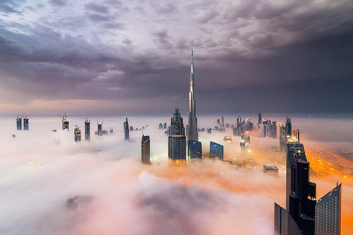 Clouds, Dubai, Smoke, Burj Khalifa, Skyscraper, Foggy