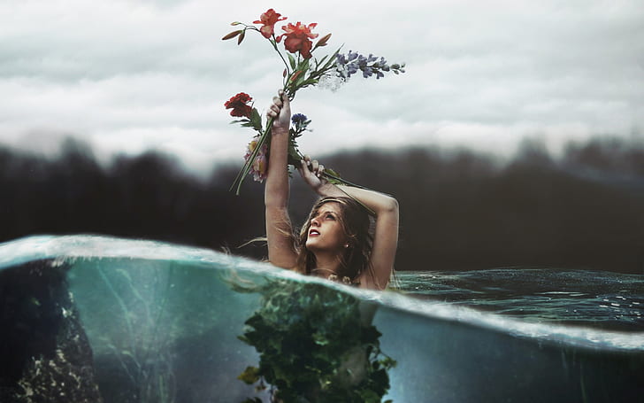 Girl hold up flowers in the water, creative pictures, HD wallpaper