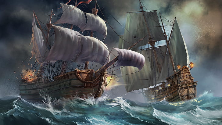 sailing ship, sea battle, manila galleon, caravel, fantasy art