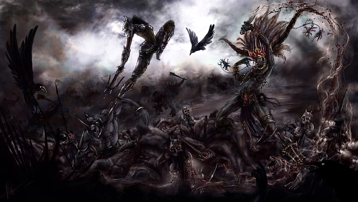 two monsters fighting digital wallpaper, art, crows, battle, demons
