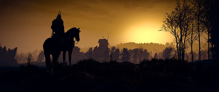 sunset, mill, the Witcher, Geralt, The Witcher 3: Wild Hunt, HD wallpaper