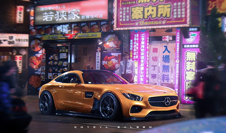 yellow Mercedes-Benz coupe, Khyzyl Saleem, car, Mercedes Benz AMG GT, HD wallpaper