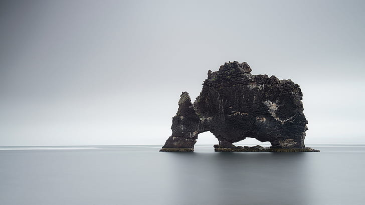 ocean, troll rock, stack, arch, natural arch, vatnsnes, iceland, HD wallpaper