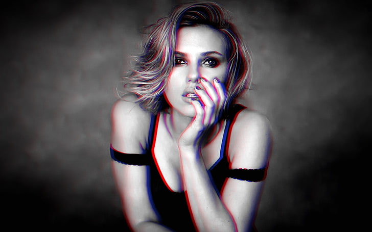 woman wearing black top posing, 3D, anaglyph 3D, Scarlett Johansson