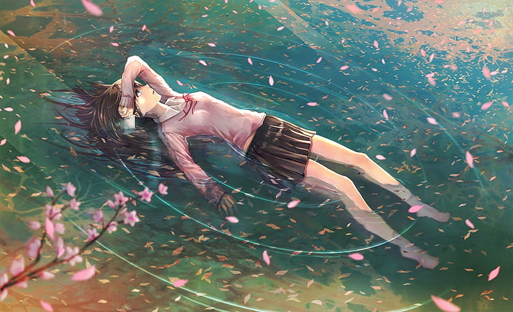 Anime Girls, Cherry Blossom, Floating, School Uniform, sexy anime, HD wallpaper