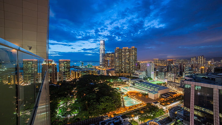Hong Kong, night, skyscraper, lights, China, architecture, building exterior