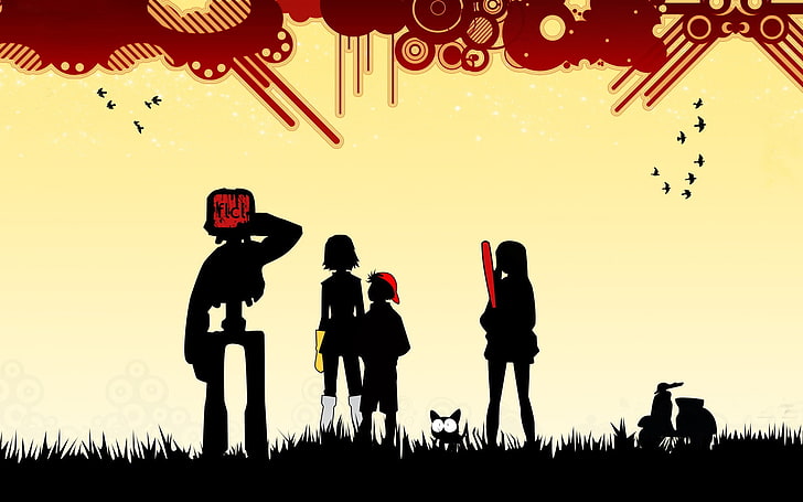 FLCL, anime, men, field, real people, silhouette, sky, standing