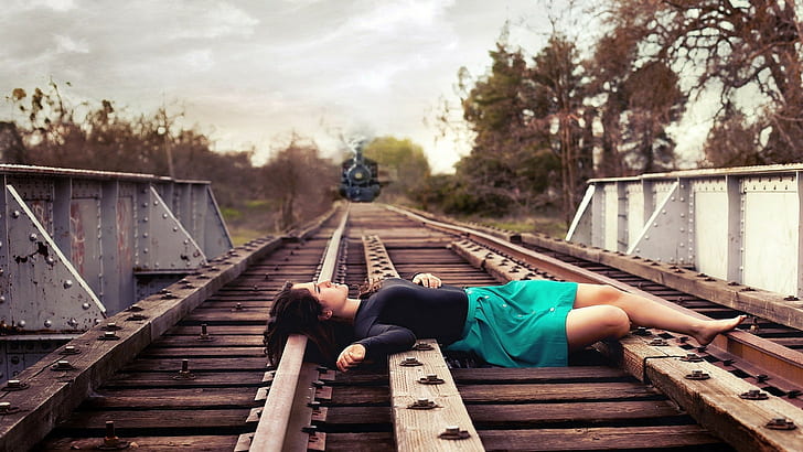 lying down, train, women, model, brunette, long hair, women outdoors, HD wallpaper
