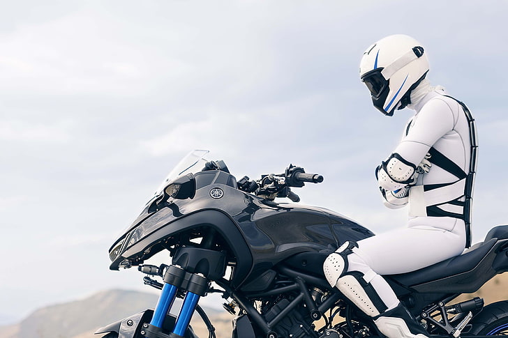 motorcycle, Yamaha Niken, helmet, headwear, one person, mode of transportation