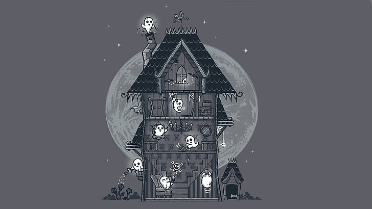 gray and white ghost house illustration, artwork, ghosts, copy space