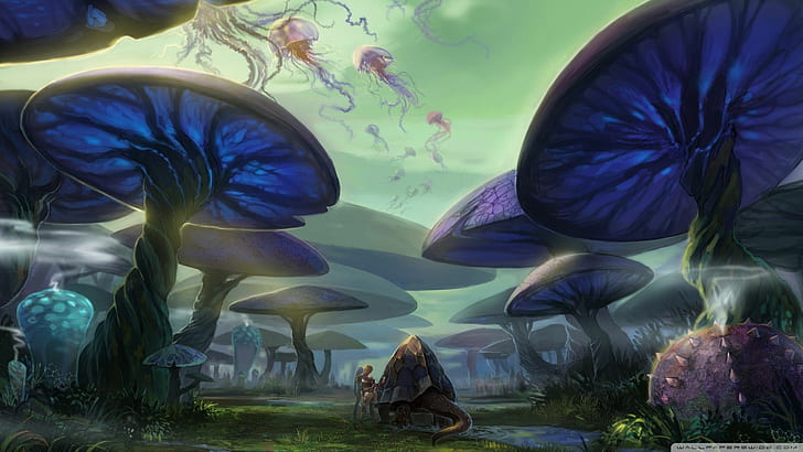 digital art, surreal, plants, magic mushrooms, jellyfish, animals