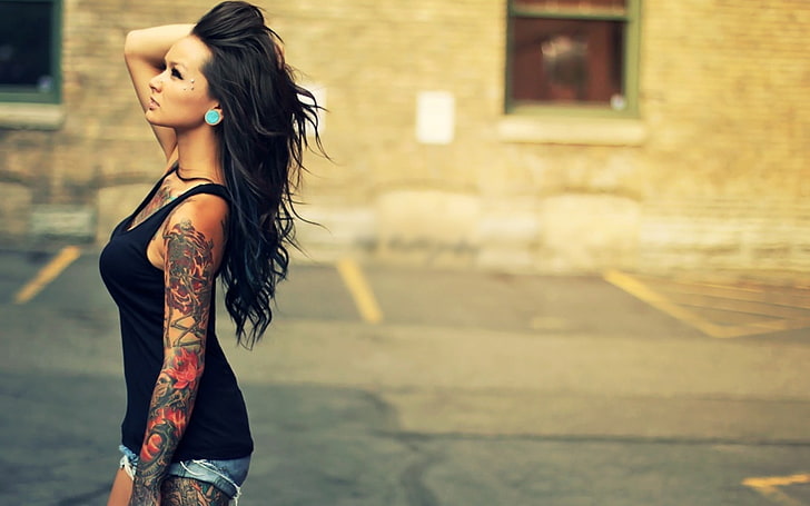 women's black top tank, tattoo, piercing, urban, long hair, model