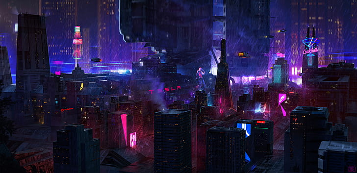 cyberpunk, city, rain, building, neon glow, cityscape, night