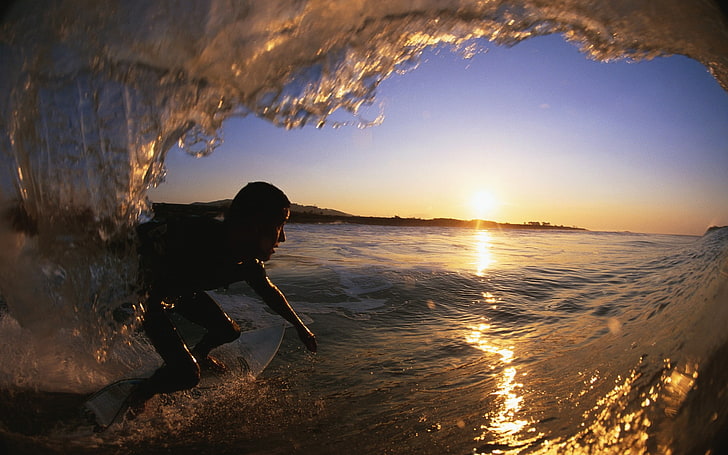 sea, surfing, surfers, coast, sunlight, sky, sunset, water, HD wallpaper