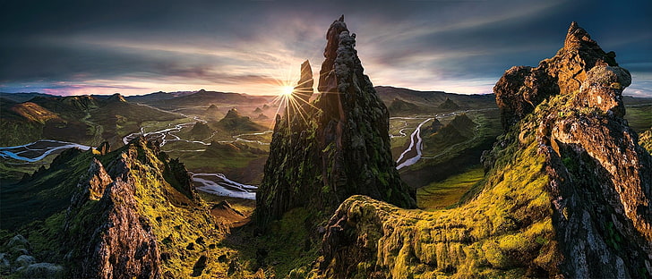 rock formation, Max Rive, HDR, landscape, sunset, river, mountains, HD wallpaper