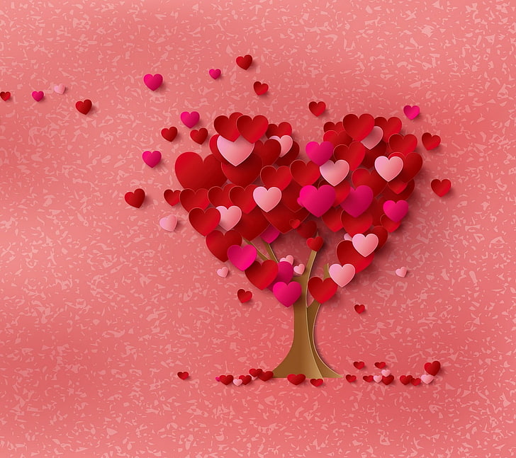 pink and red heart tree wall decor, nature, love, food and drink, HD wallpaper