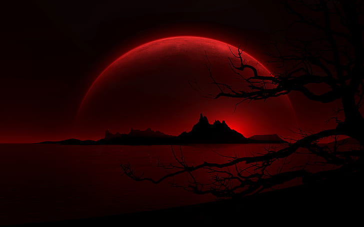 Dark, Landscape, Black, Moon, Night, Red, HD wallpaper