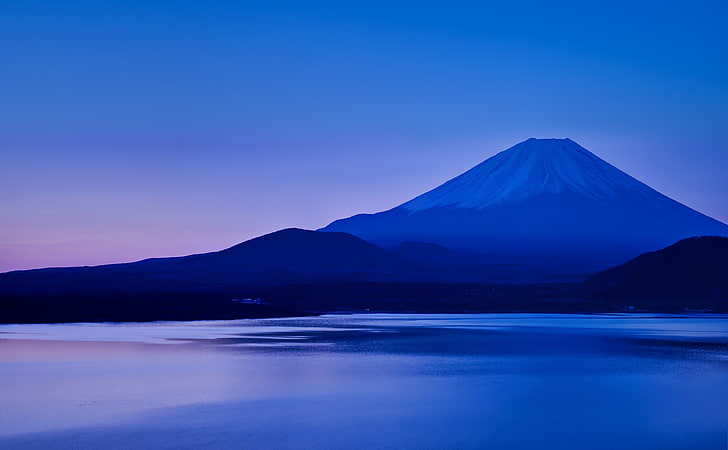 Lake Motosu and Mount Fuji, mountain range, Asia, Japan, Sunrise