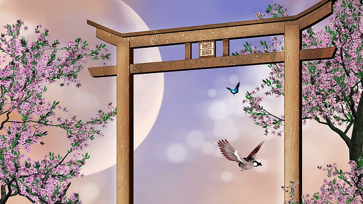 Blossoms Oriental, brown nagasaki arch illustration, cherry blossoms