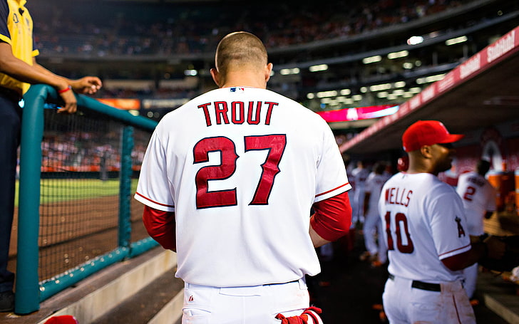 men's red and white Trout 27-printed baseball jersey, mike trout, HD wallpaper