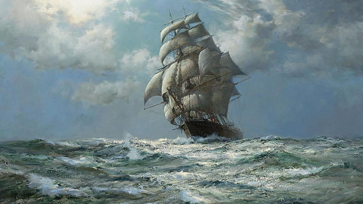 white clipper ship painting, sea, old ship, artwork, water, nature