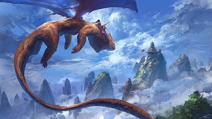 character riding a brown dragon digital wallpaper, fantasy art, HD wallpaper