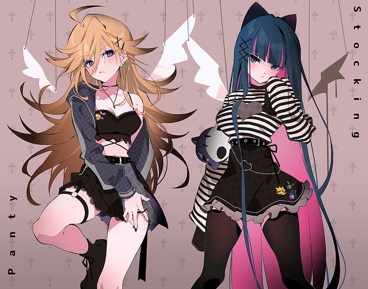 anime, anime girls, simple background, Panty and Stocking with Garterbelt