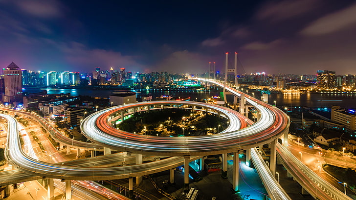 Shanghai China Circular Overpass Bridge Of Nanpu Night Landscape Ultra Hd Wallpapers For Desktop Mobile Phones And Laptop 3840×2400, HD wallpaper