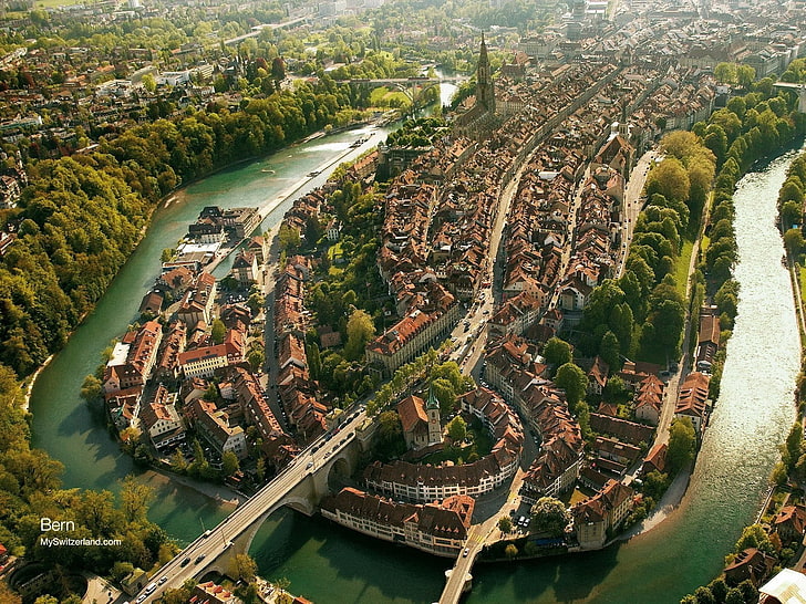 scenery of town, cityscape, Bern, Switzerland, aerial View, traffic, HD wallpaper