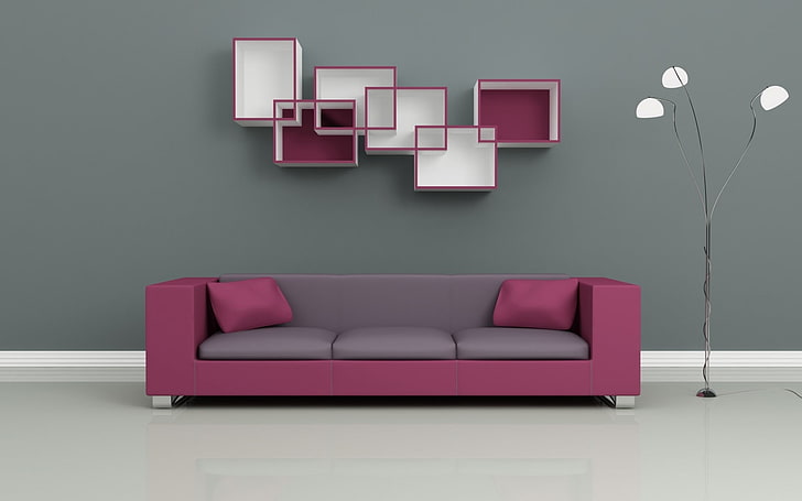 purple and gray 3-seat sofa, lamp, shelves, furniture, domestic Room