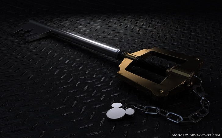 gray and brass-colored skeleton key, Kingdom Hearts, still life