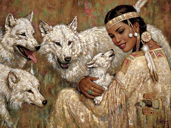 four beige wolves and woman painting, wolf, Native Americans, HD wallpaper