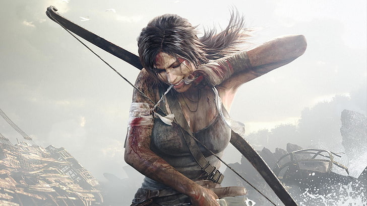 Tomb Raider digital wallpaper, bow, blood, Lara Croft, video games